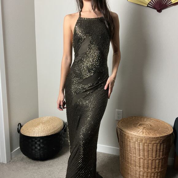 y2k vintage sue wong green silk beaded high neck halter formal gown maxi dress - Picture 1 of 11